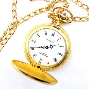 Vintage Majestime Pocket Watch Gold Tone Stainless Steel France 17 Jewels